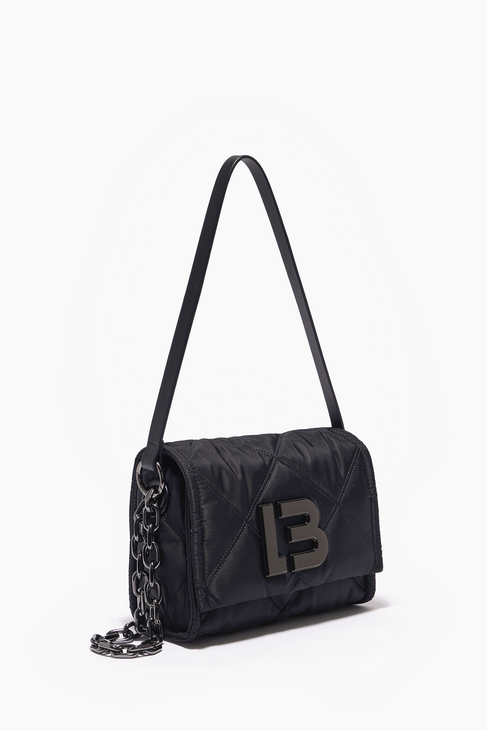 Bolsa de ombro pequena de nylon com aba, preta.