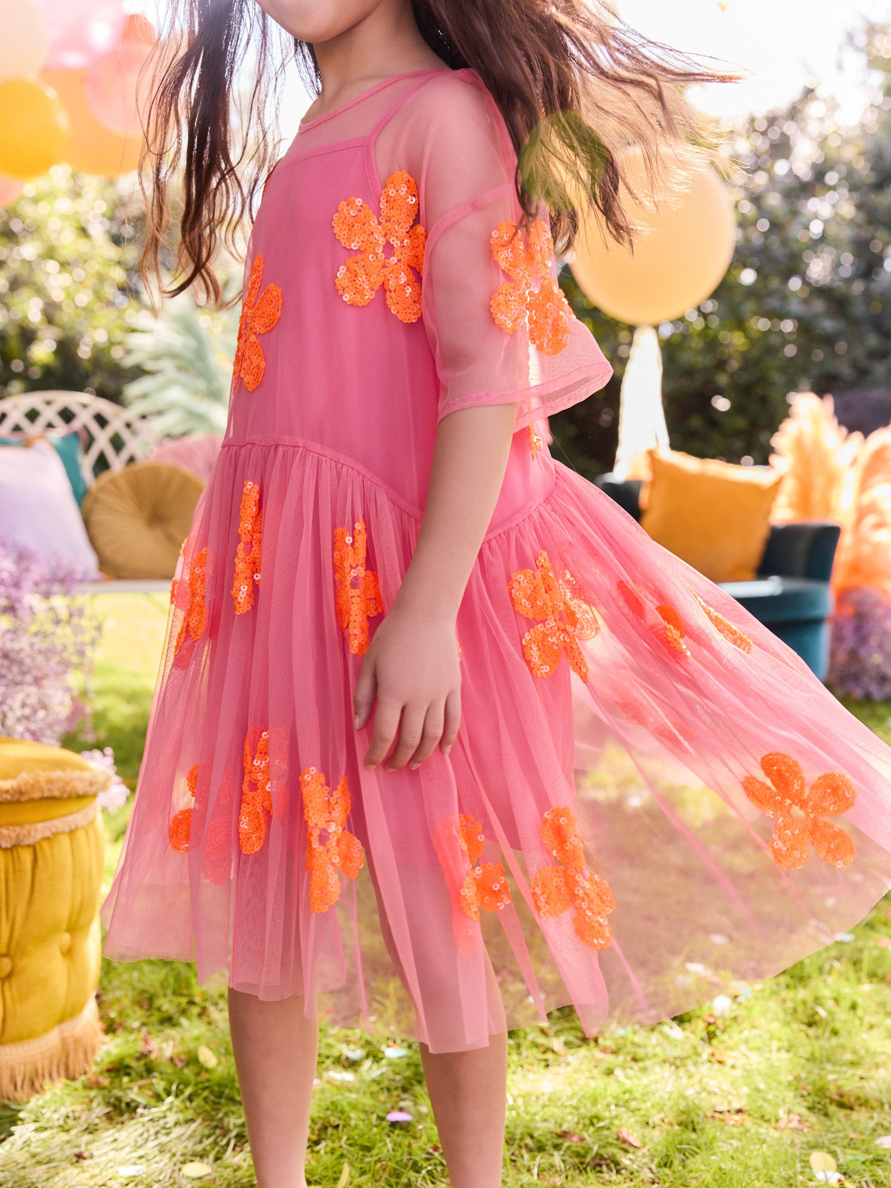 Roze/oranje - Feestjurk van mesh met bloemen en pailletten (3 - 16 jr)