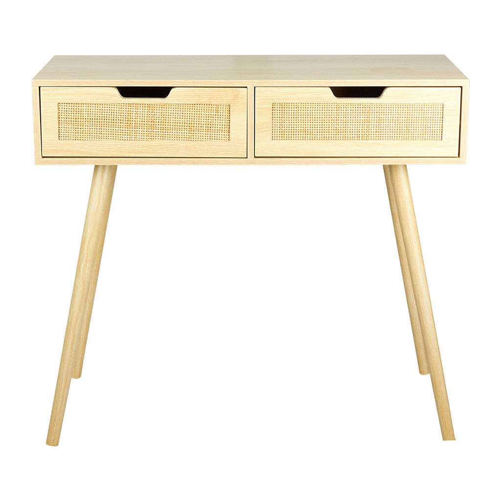 Console bois et cannage naturel 2 tiroirs 72x80cm