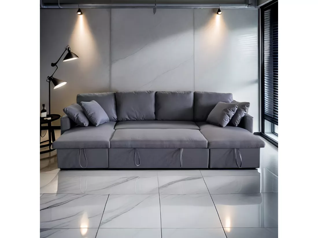 Canapé panoramique convertible avec coffre 4 places en tissu MAHÉ - gris foncé