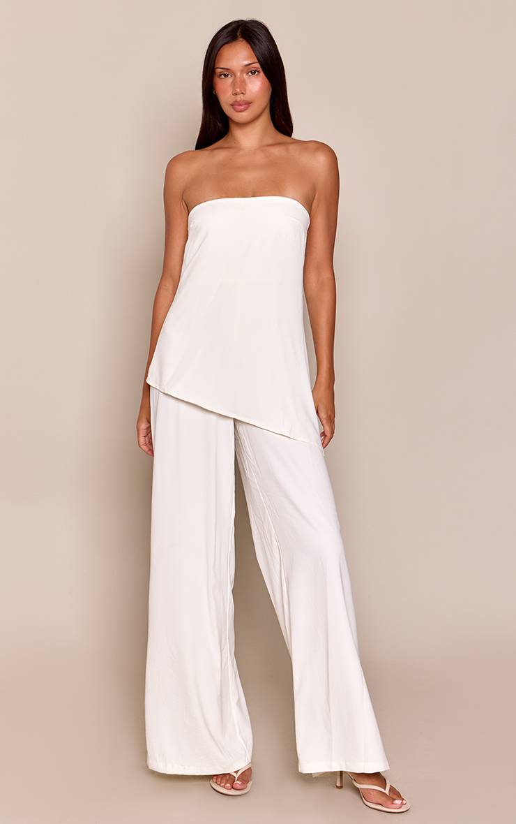 Crème Combinaison Pantalon Large À Superposition Bandeau Texturée Tissée