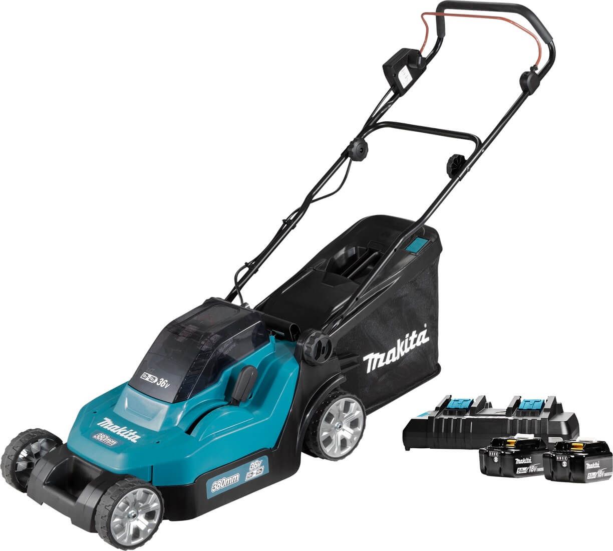 Makita DLM382PT2 36V (2x 18V) Li-ion accu grasmaaier set (2x5Ah) met dubbellader - 38cm