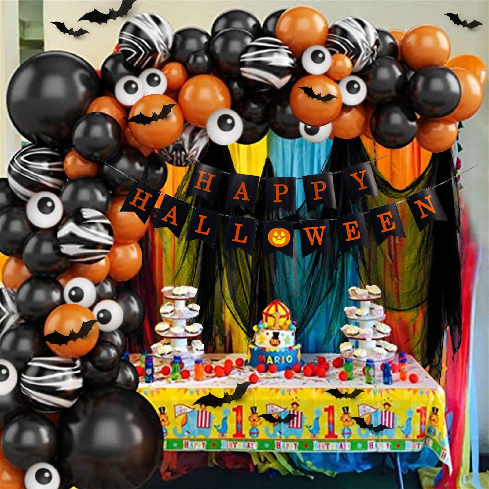 (74-tlg. Set) Happy Halloween Girlande Party Deko Ballons Grusel Spinnen Luftballon / Netz Vorhang - Schwarz / Orange