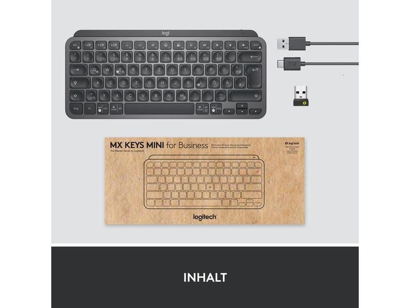 Logitech Tastatur MX Keys Mini for Business Minimalistische kabellose Tastatur mit Tastenbeleuchtung und Logi Bolt Empfänger