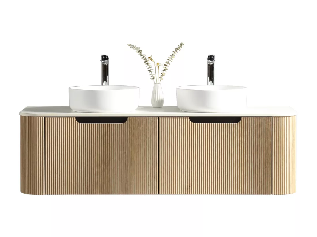 Meuble double vasque rond blanc mat 140 cm chêne clair Aquagiro