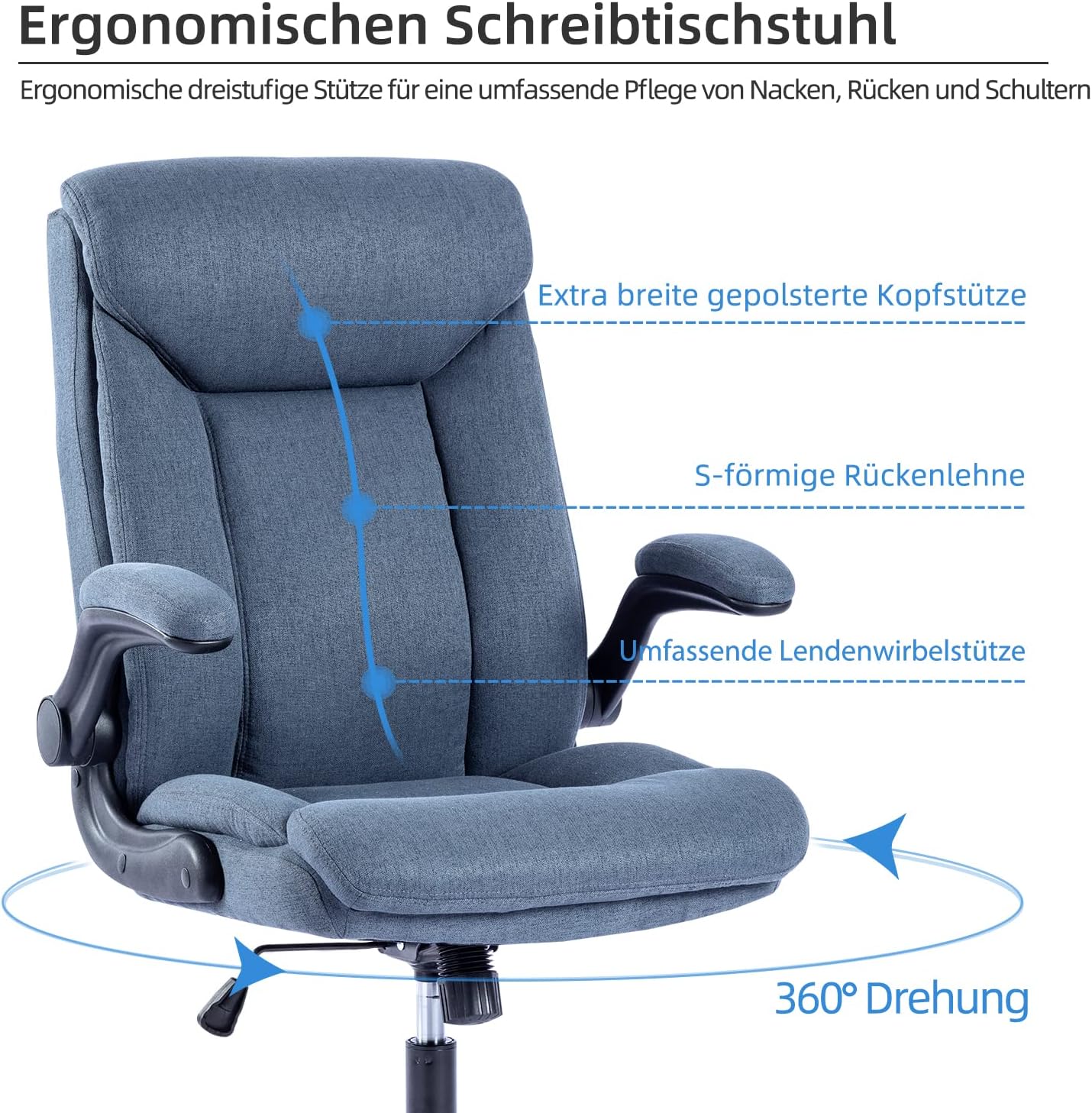Ergonomischer Bürostuhl Computerstuhl Schreibtischstuhl Drehbarer Arbeitsstuhl mit hochklappbarer Armlehne, höhenverstellbar, Bequem für Büro Heim Gaming (Navy blau) LL1087676