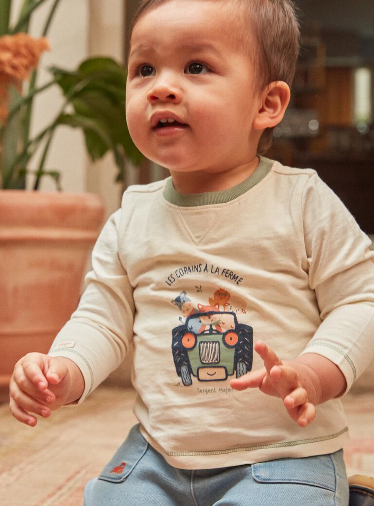 Body-T-shirt vanille à manches longues à motif tracteur et animaux