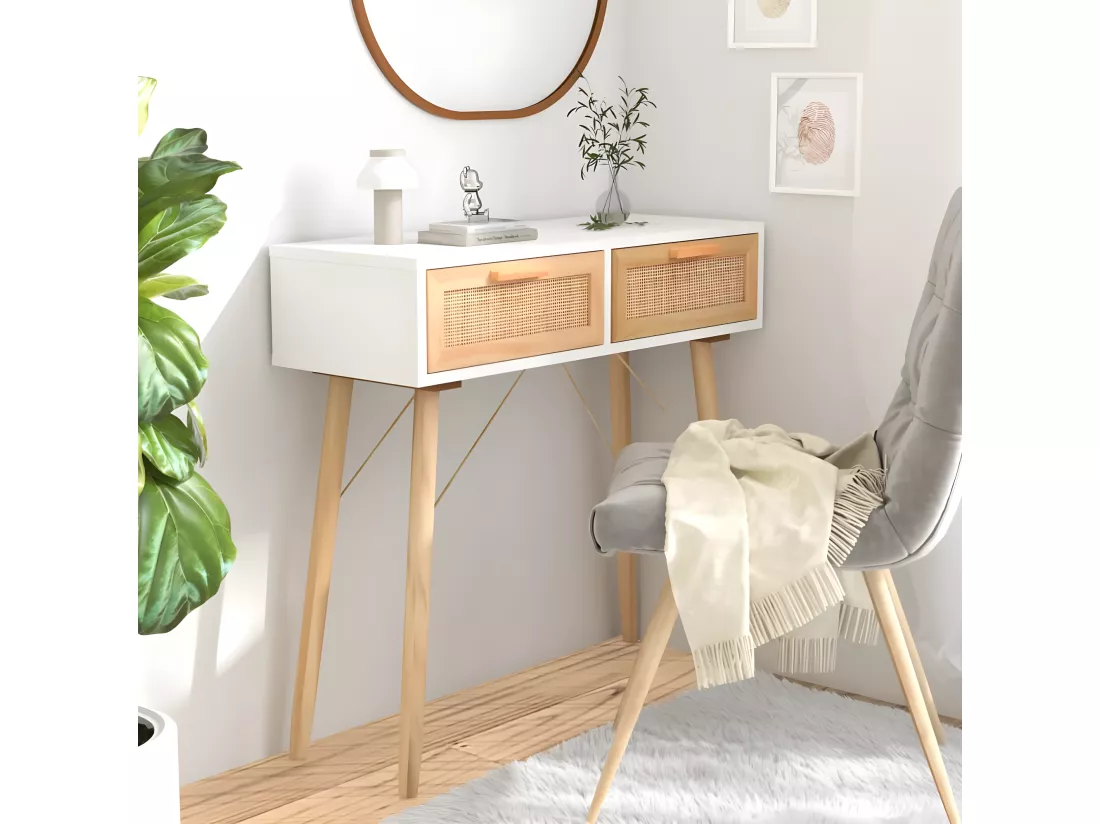 Table console Blanc 80x30x75 cm Bois massif pin /rotin naturel