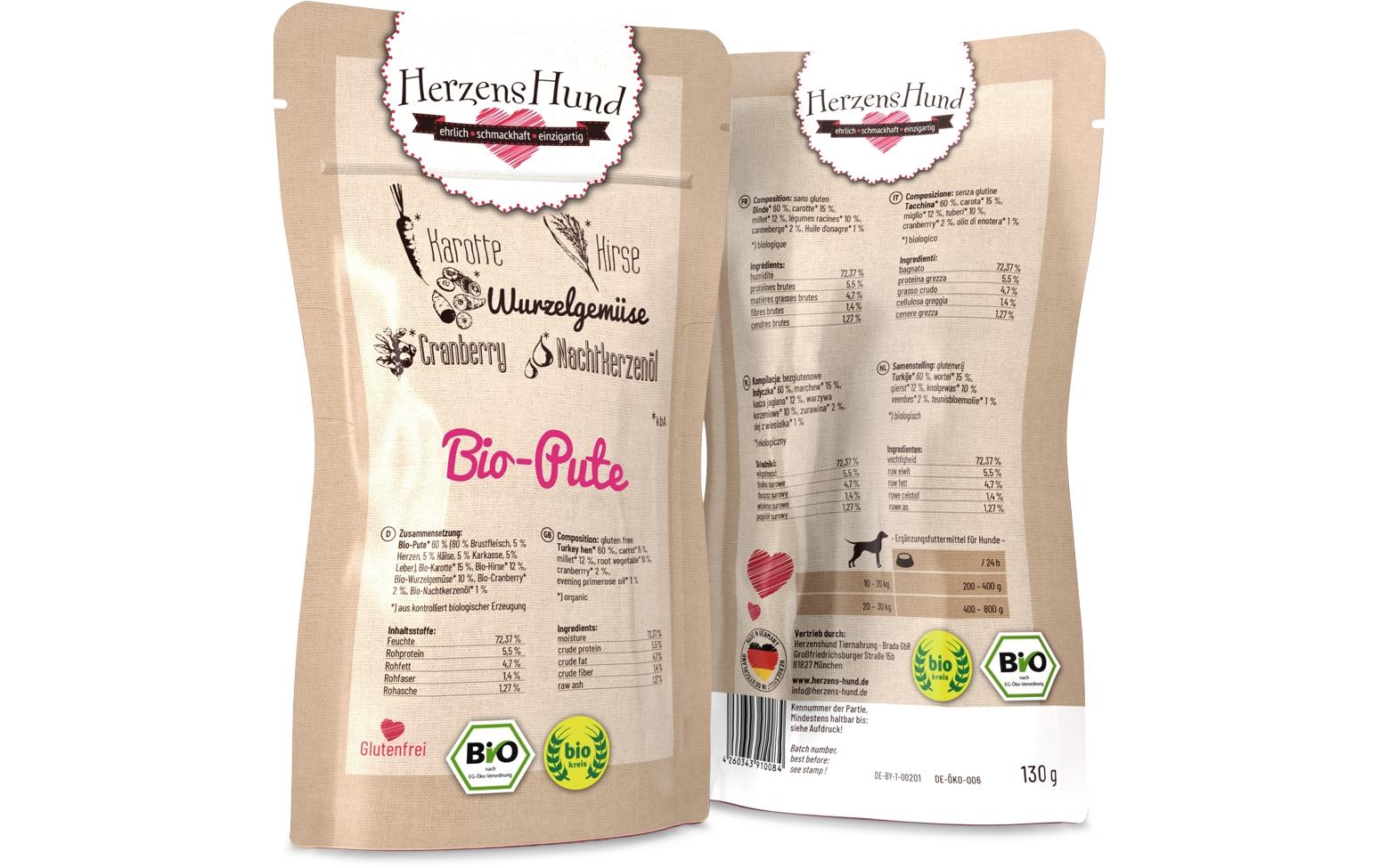Nassfutter Bio-Pute mit Bio-Gemüse, 130 gPremium Bio-Ergänzungsfuttermittel für erwachsene Hunde