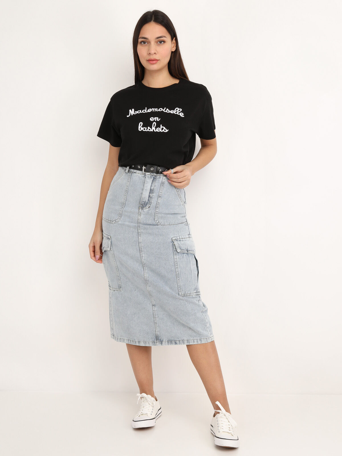 Jupe cargo en jeans avec ceinture- Bleu clair