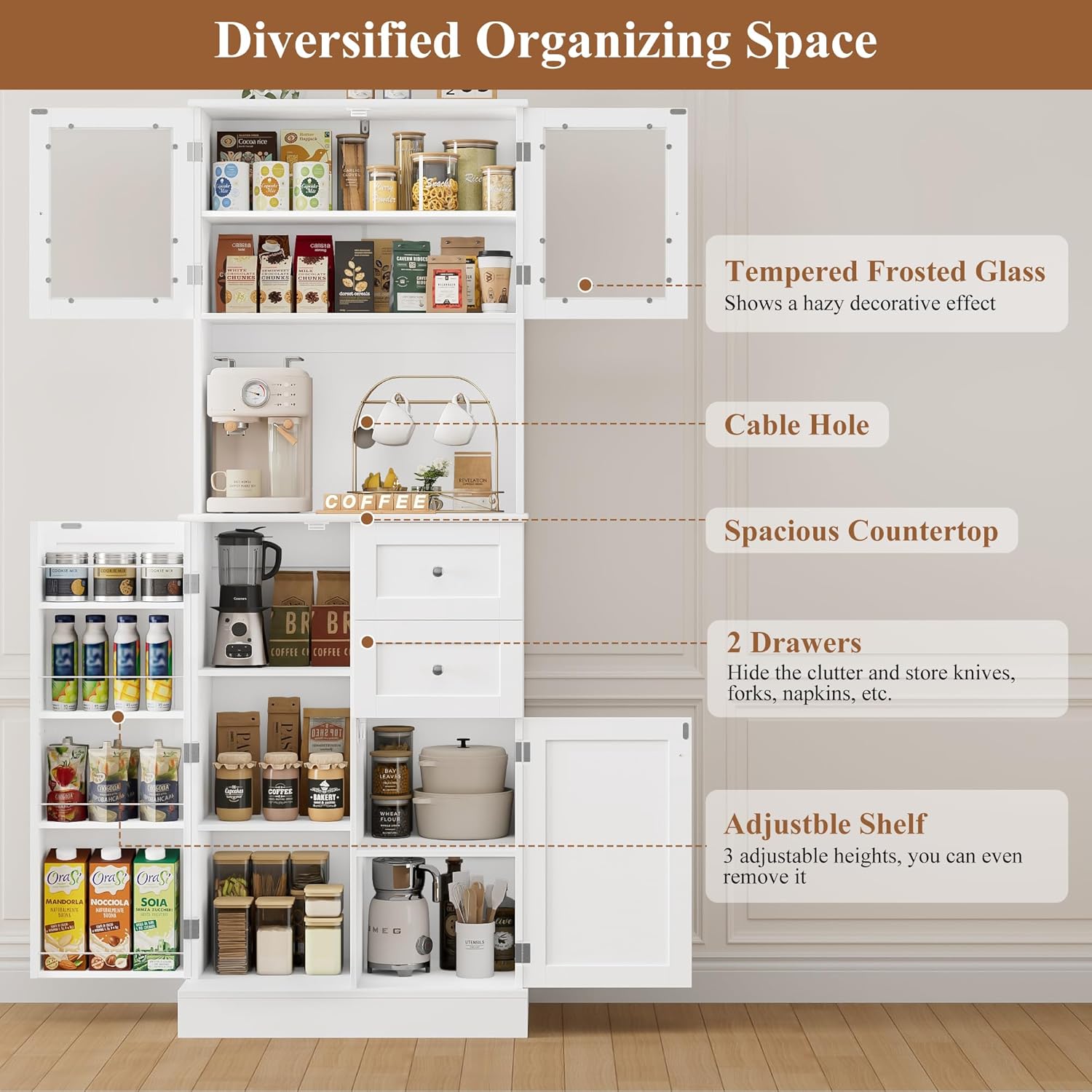 HOCSOK Küchenschrank, 182.5 cm Buffetschrank mit 2 Glastüren, Hochschrank mit 4 Türen und 2 Schubladen, Mehrzweckschrank für Küche, Esszimmer, Wohnzimmer, Weiß