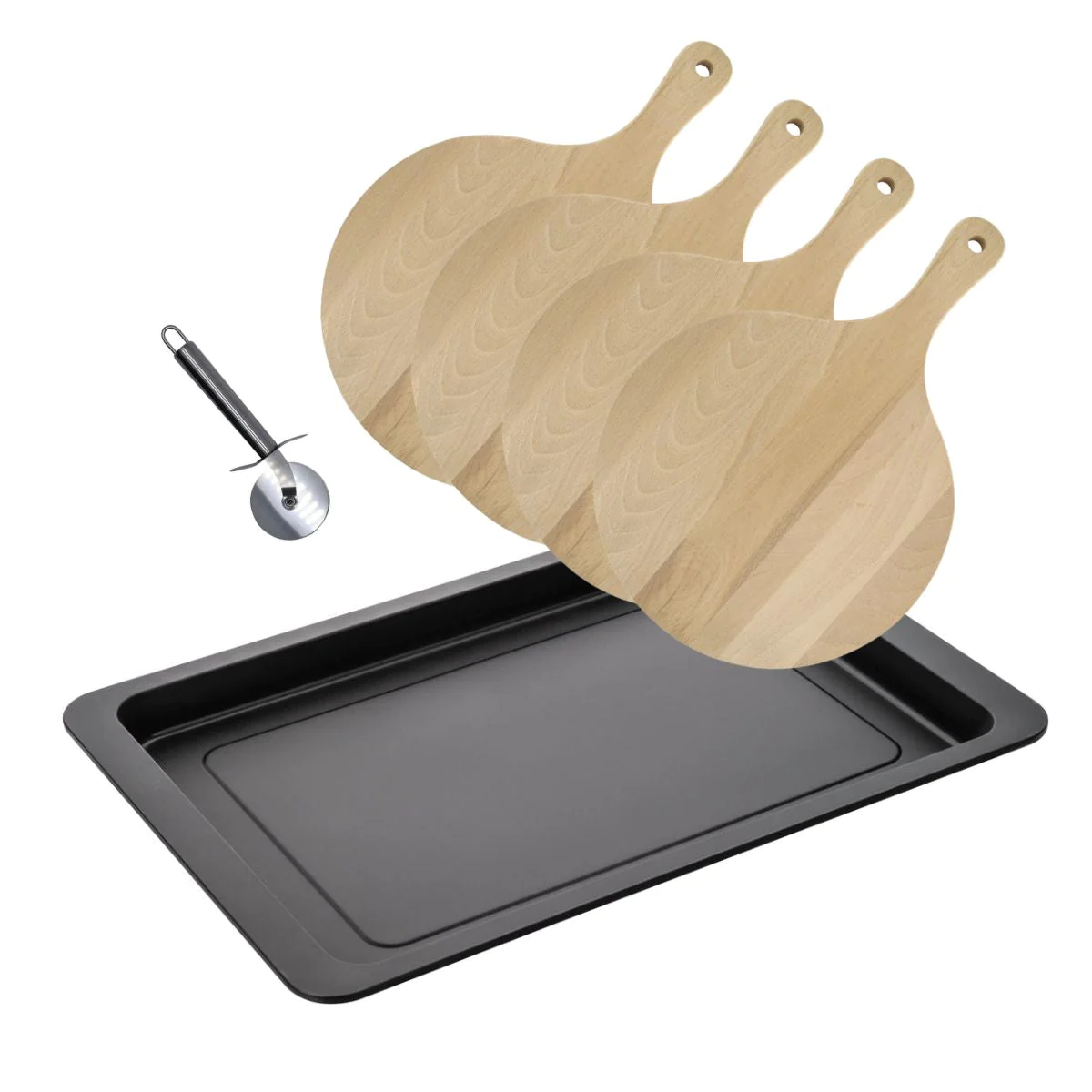 Ensemble pour pizza avec une plaque de cuisson four, 4 planches à pizz