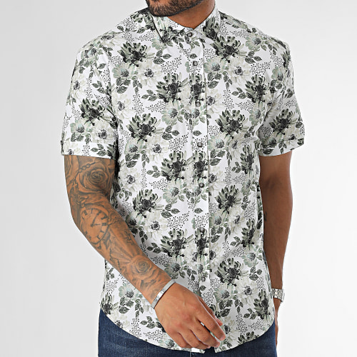 Chemise Manches Courtes Blanc Vert Kaki Floral