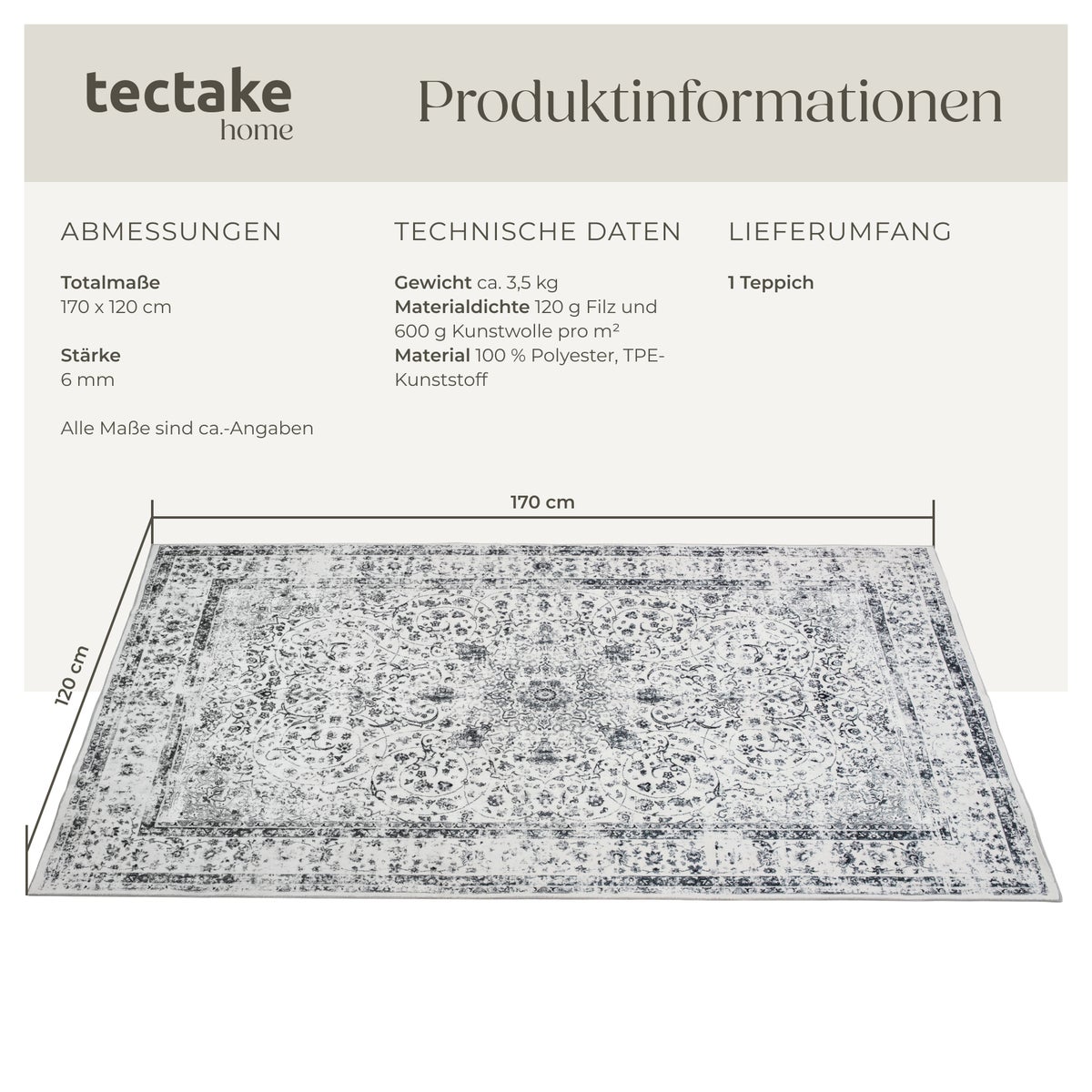 Vintage design tapijt tectake Aliya, diverse maten, antislip achterkant