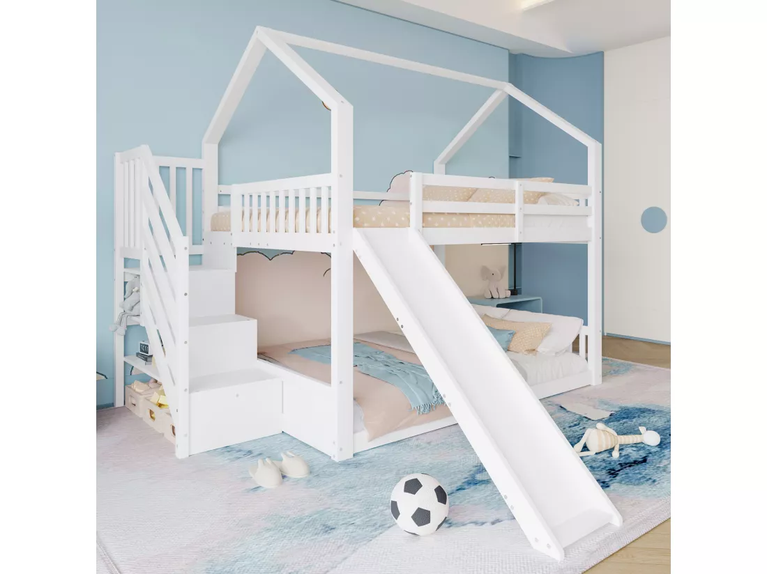 Lit superposé 140x200cm en bois - avec barrières + escalier de rangement + toboggan - Blanc