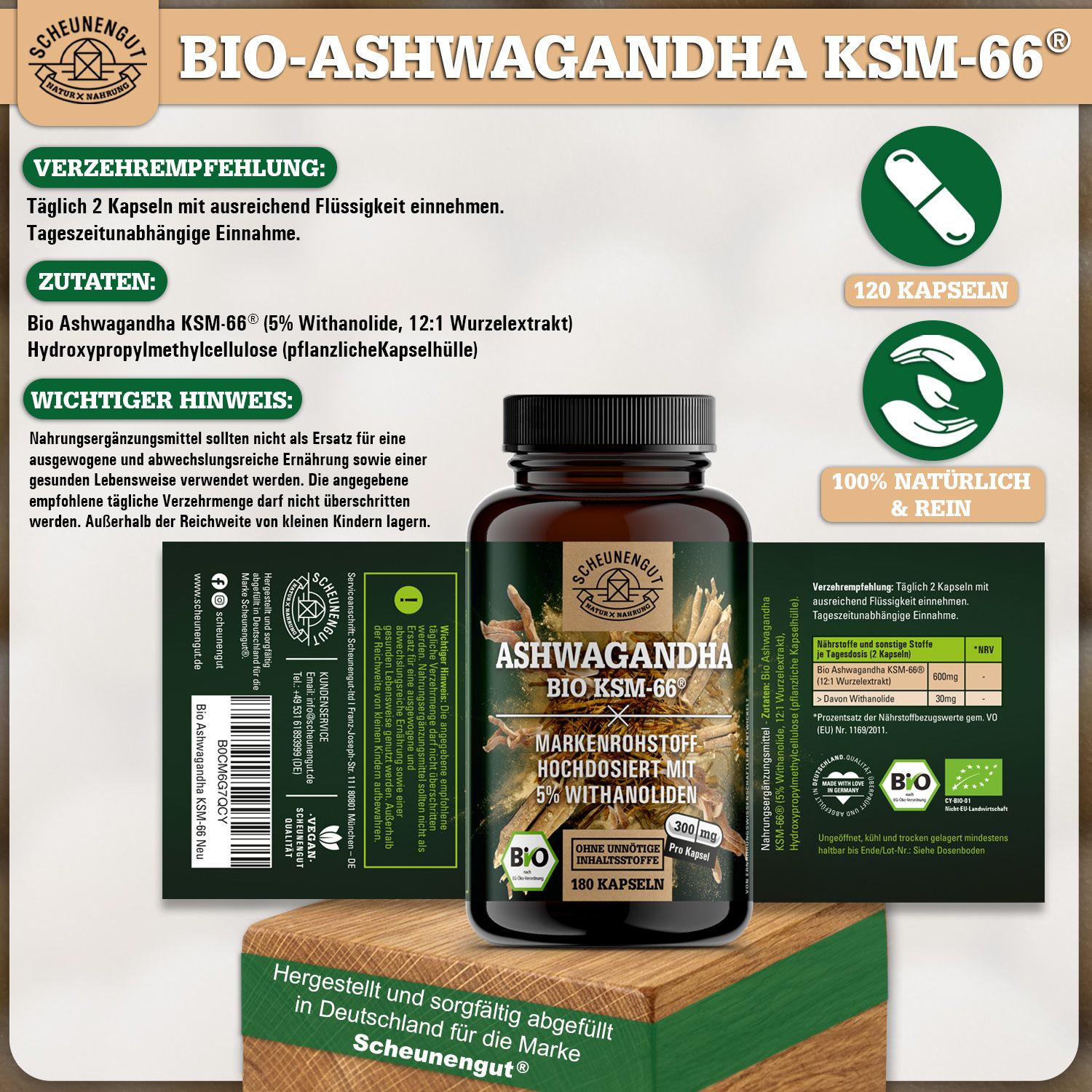 Scheunengut® BIO Ashwagandha KSM-66 | Markenrohstoff mit mindestens 5% Withanolide