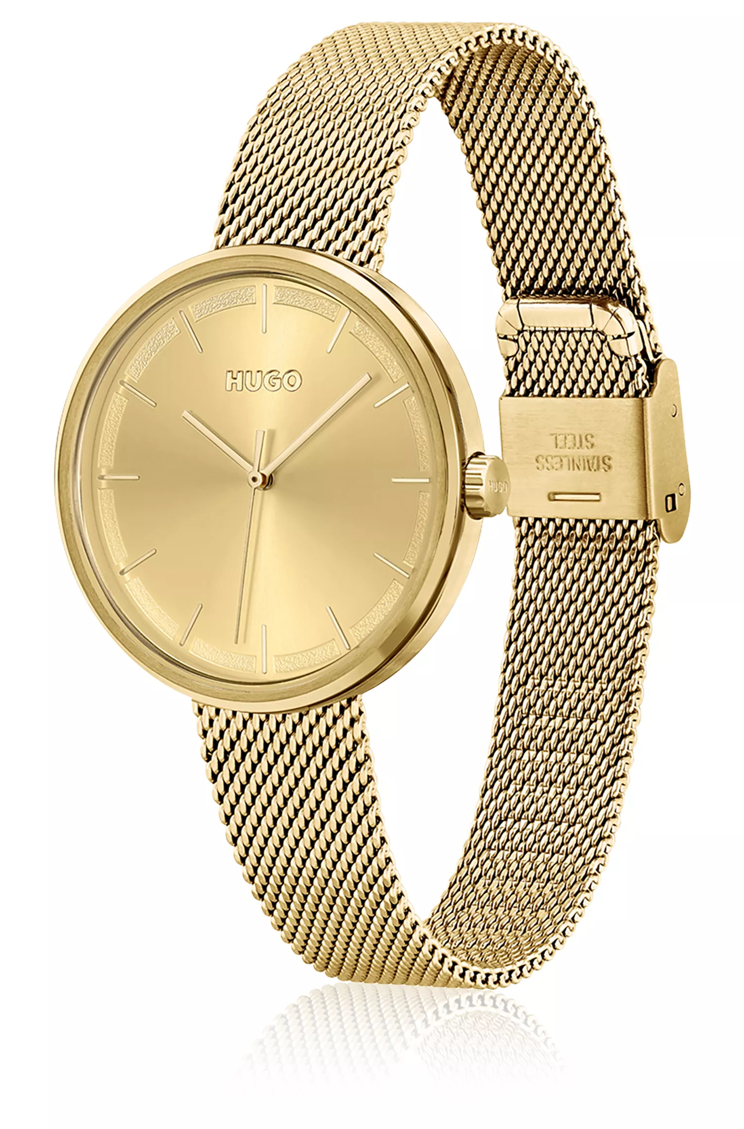 Relógio HUGO com pulseira de malha vermelha e mostrador dourado.