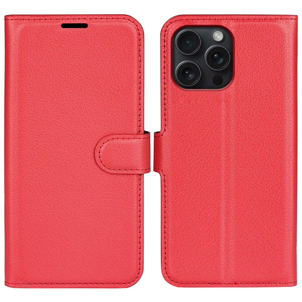 iPhone 16 Pro Max Leder Tasche Flip Cover Litchi Look - Rot