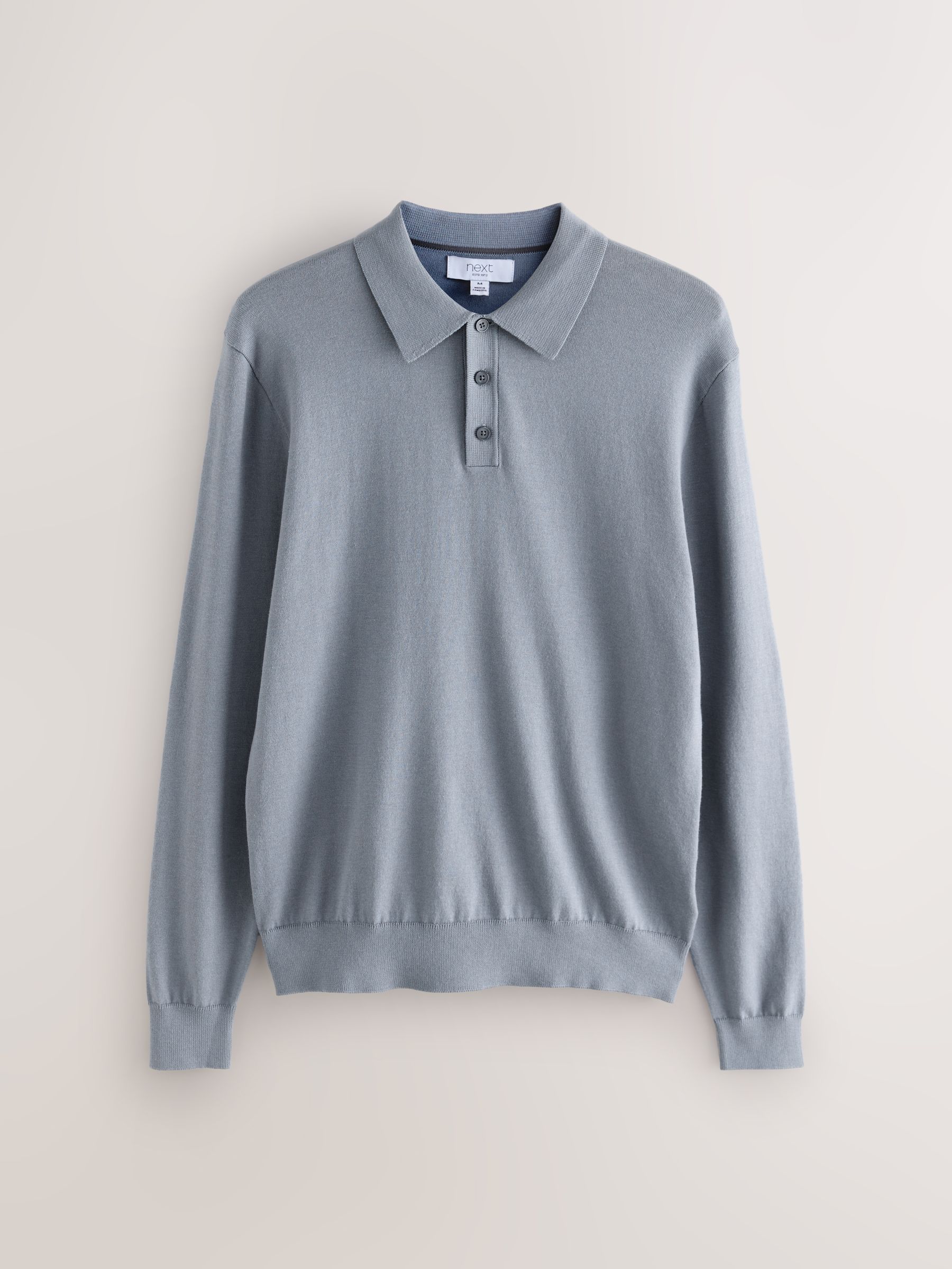 Grijsblauw - Slim Fit - Katoenrijk gebreid poloshirt met lange mouwen