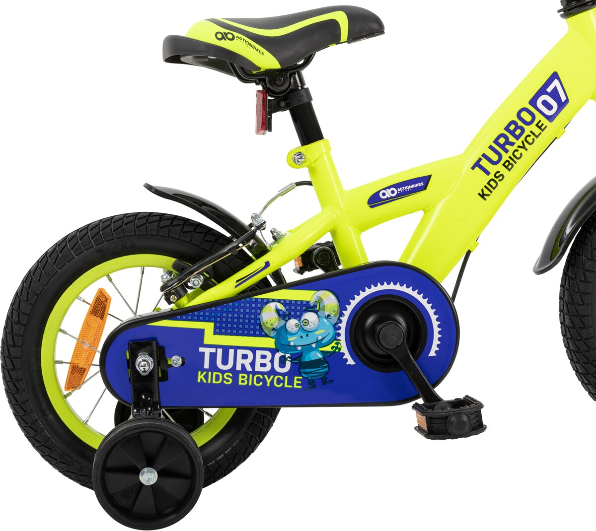 Actionbikes Kinderfahrrad Turbo 12 Zoll, Stützräder, V-Brake-Bremsen, Lenker-/Kettenschutz, Klingel