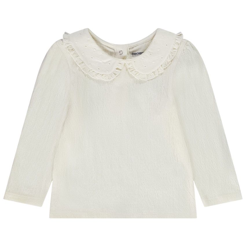 T-shirt manches longues en jersey col broderie anglaise pour bébé fille - Ecru
