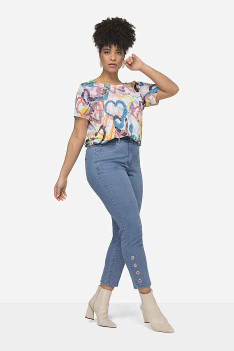 Jeans, tapered Fit, 5-Pocket, Saum mit Zier-Ösen, teilelastischer Bund
