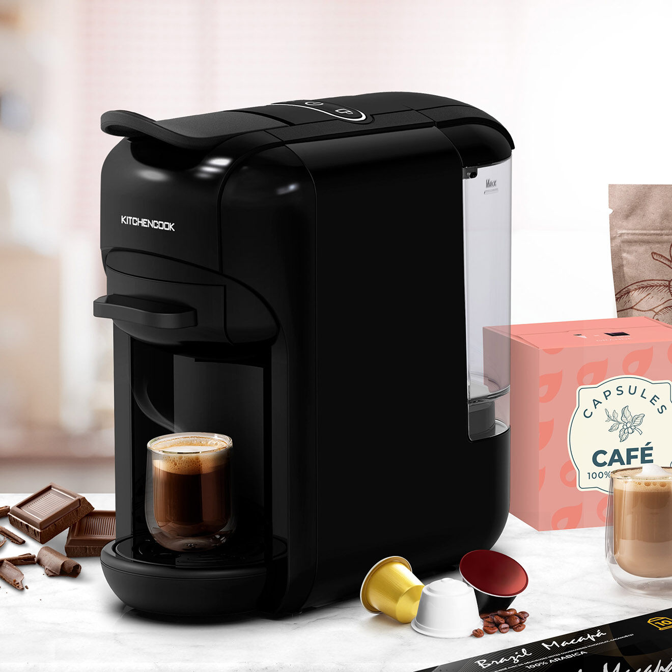 Kitchencook Machine à café multi dosettes et café moulu noire