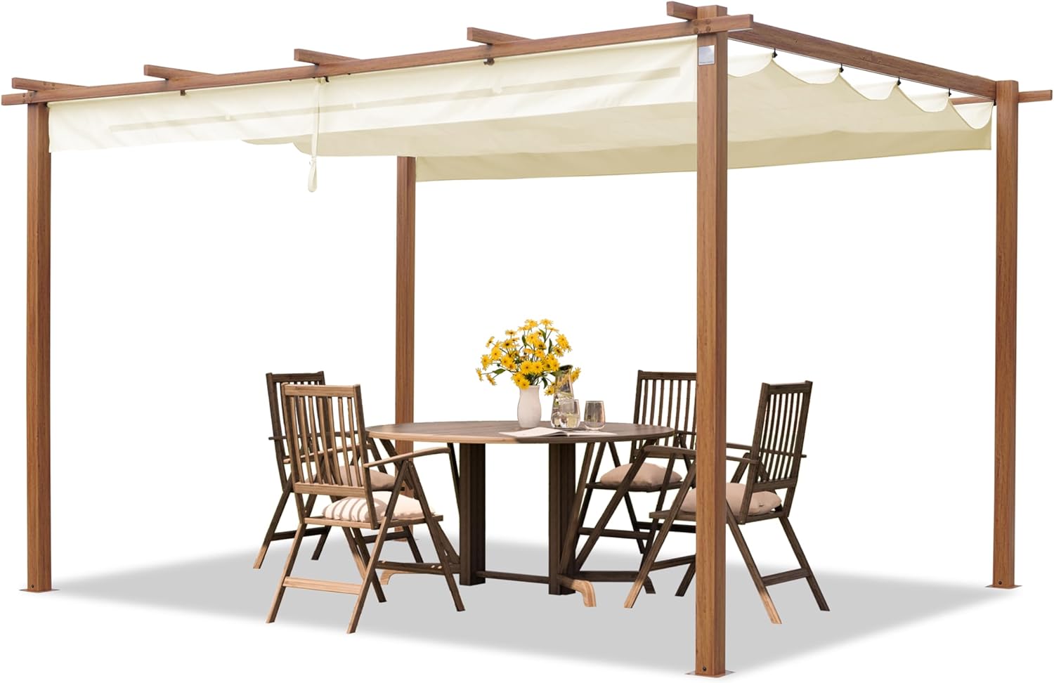 PRIMEYARD Pergola 3x4 m Terrassenüberdachung mit Schiebedach Stahlrahmen in Holzoptik