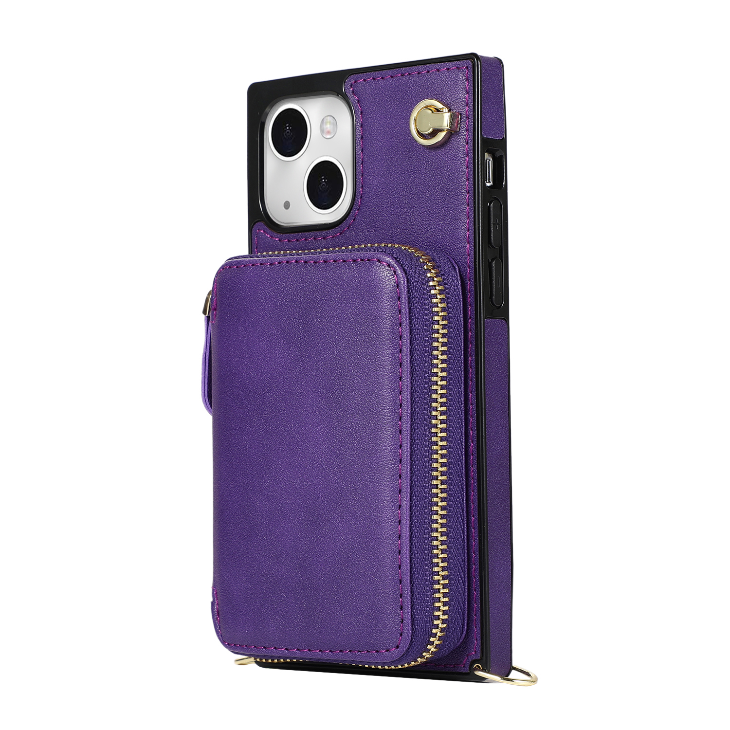 iPhone 13 Necklace Leder Schutz Hülle mit Kartenfächer   Handykette (140cm) - Violett