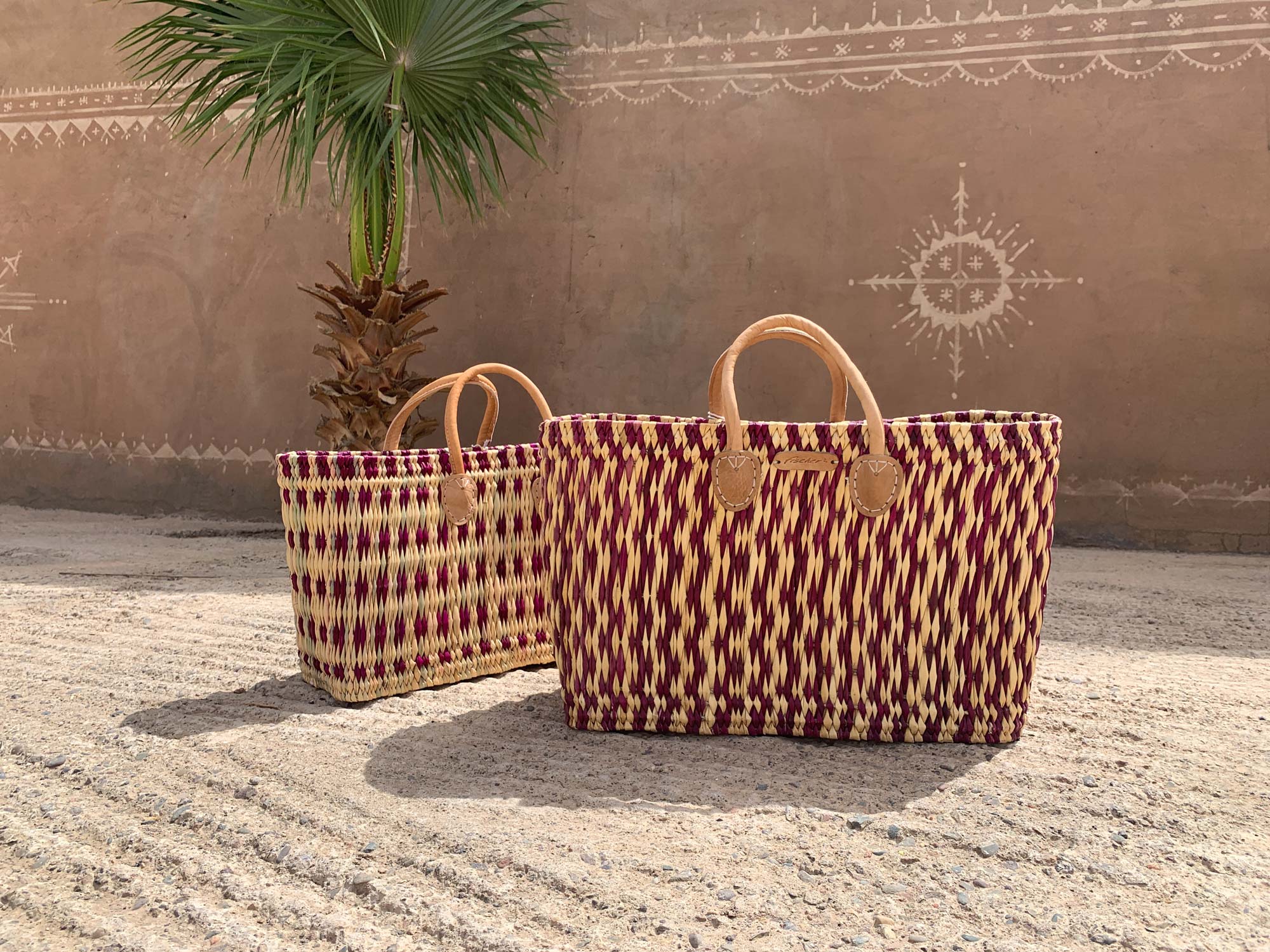 2er-Set Palmblatt-Taschen, natur, Rautenmuster günstig bestellen