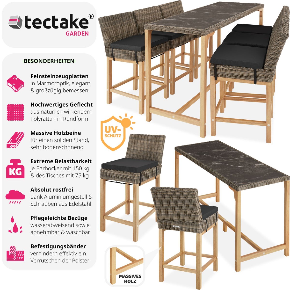 Lovas rotan tafel met 6 Latina stoelen van tectake, met aluminium frames en houten poten.