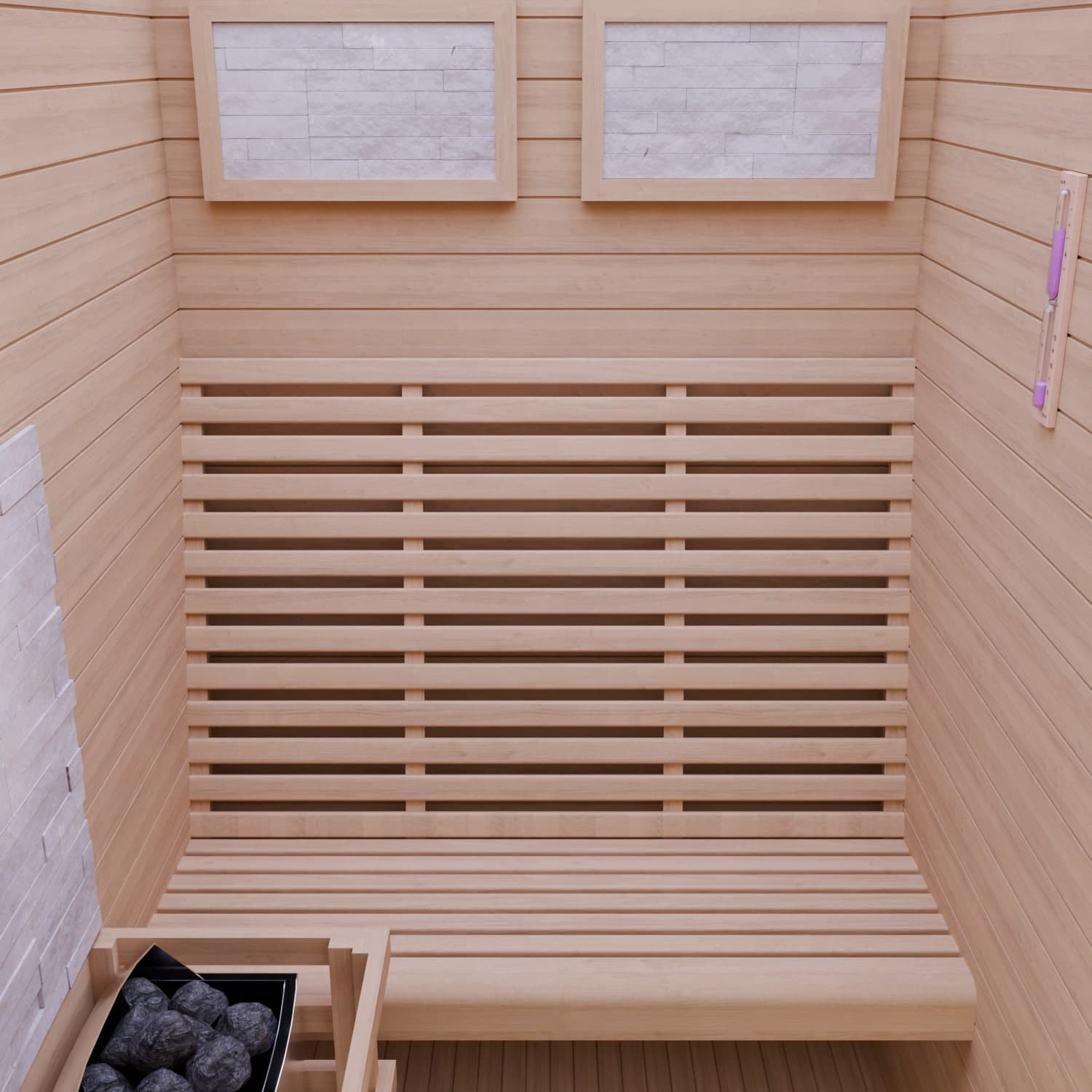 Dewello Finnische Sauna MINTO 120x120 Kabine aus Hemlock Tannenholz mit 3,5 kW Harvia Ofen, inkl Sauna Set