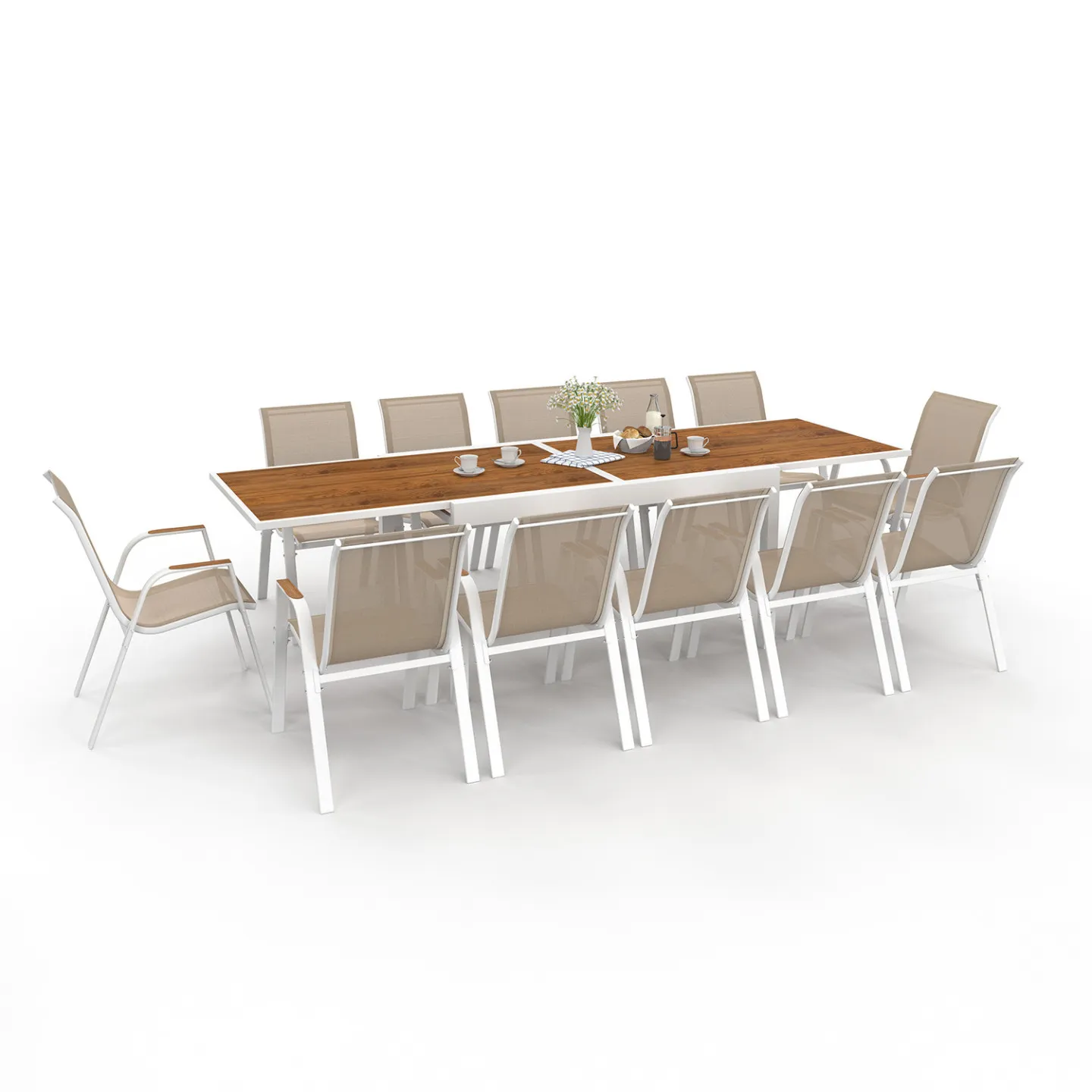 Salon de jardin NOUMEA extensible table 135/270 cm plateau effet bois et 12 chaises empilables blanc et bois