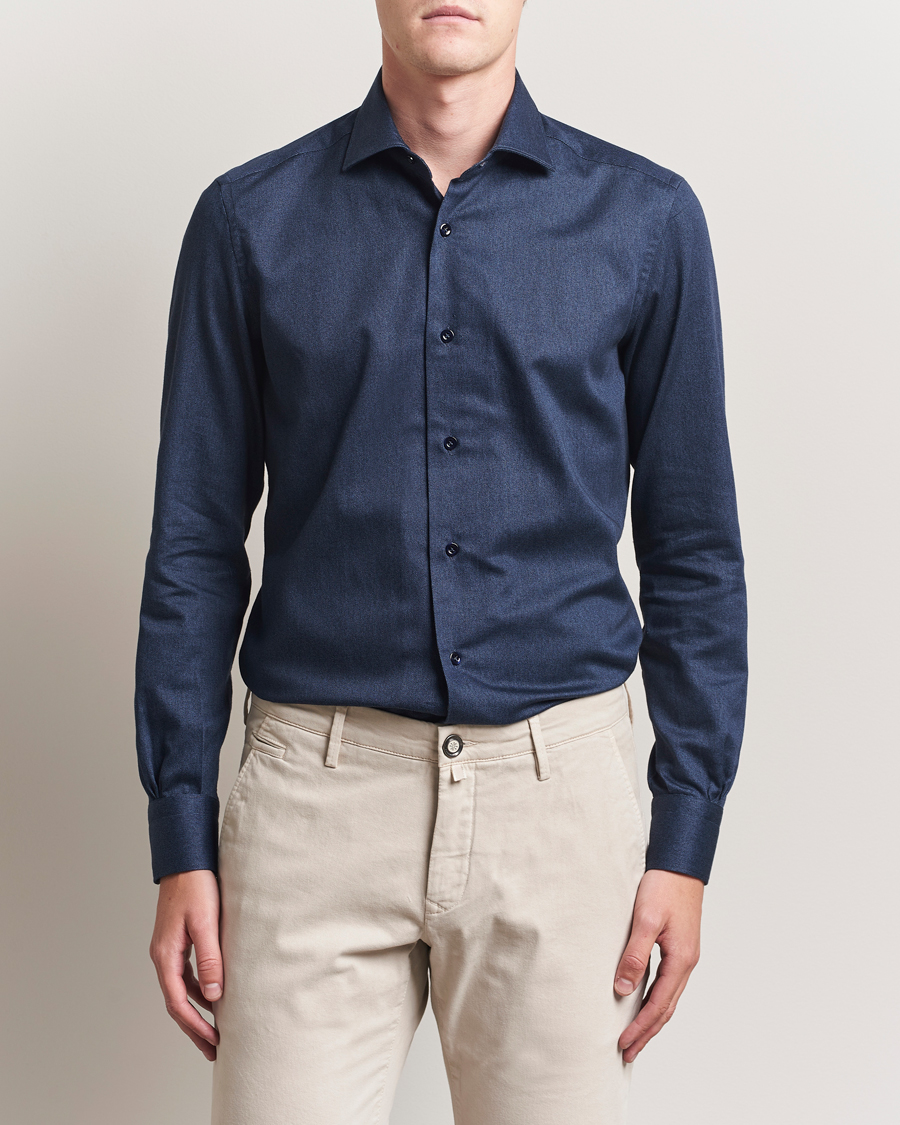 Mazzarelli Soft Flannel Cut Away Shirt Navy