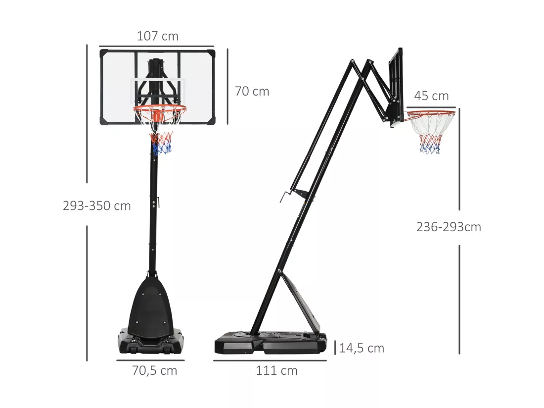 Panier de basket-ball sur pied avec base de lestage sur roulettes hauteur réglable 2,93-3,5 m acier PC noir