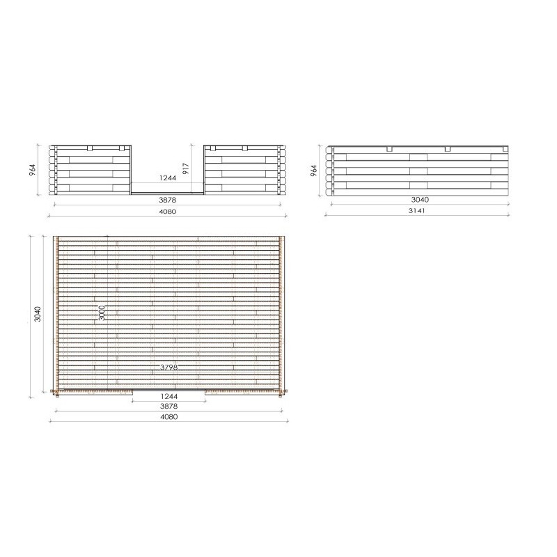 Abri de jardin en bois - 4x4 m - 28 m2 + terrasse avec balustrade et avant-toit en bois