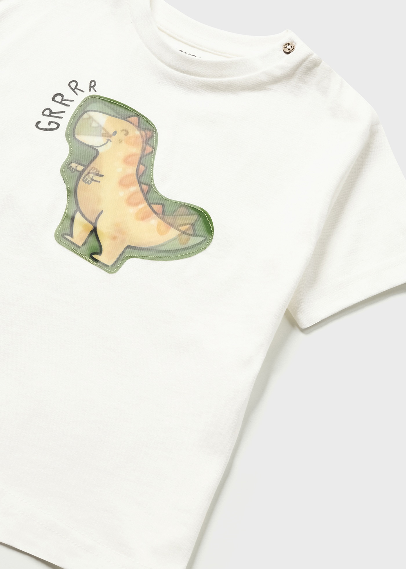 Camiseta infantil de algodão de manga curta com estampa interativa.