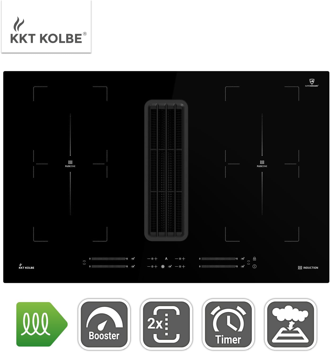 KKT KOLBE Induktionskochfeld mit Dunstabzug Integriert | 80 cm | Kochfeld Induktion |Induktionskochplatte | 7 kW | 4 Zonen | 15 Stufen | Rahmenlos | IND800DRAFT