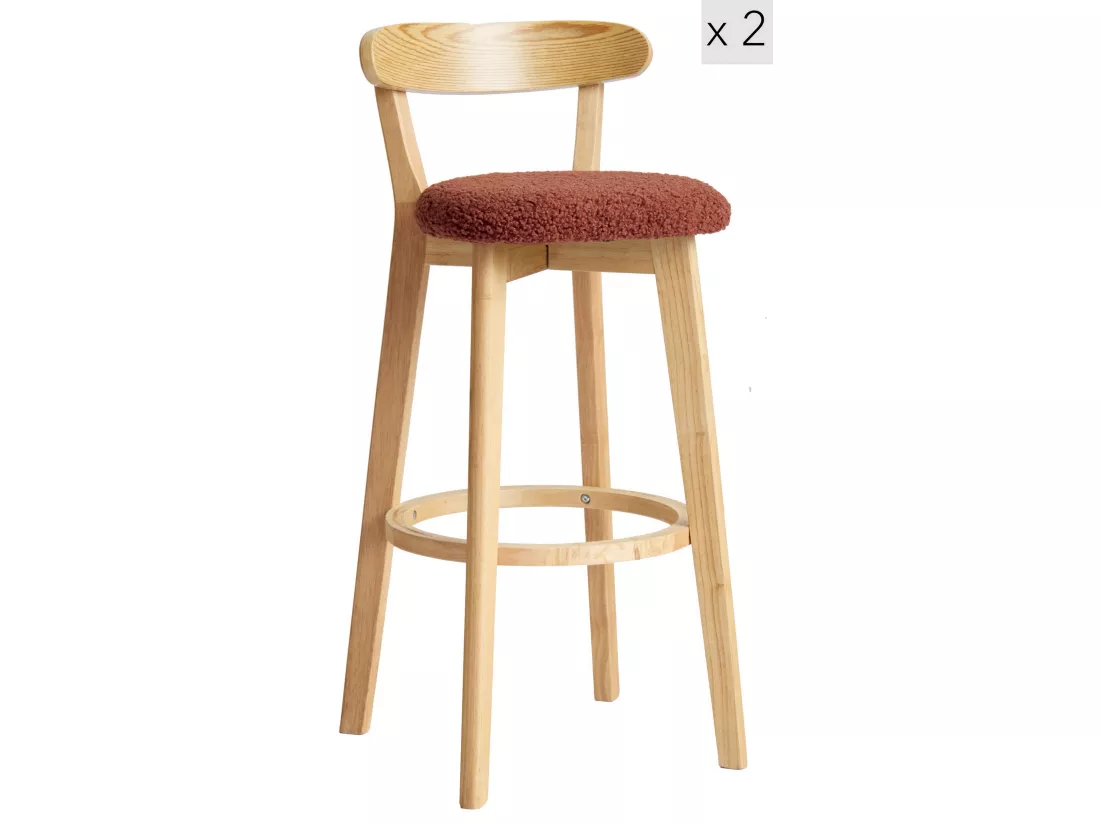 Lot de 2 tabourets de bar en Hévéa et bouclettes terracotta