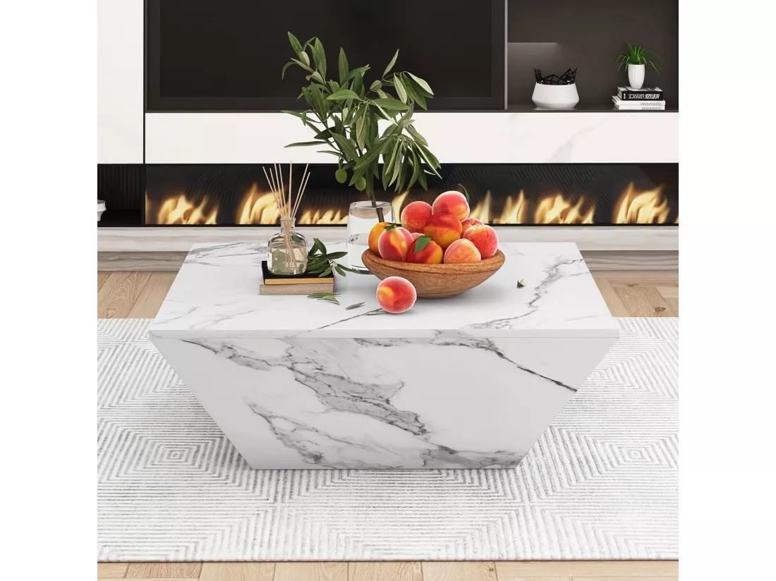 Table basse moderne - avec 2 tiroirs - placage à motif marbre - Blanc