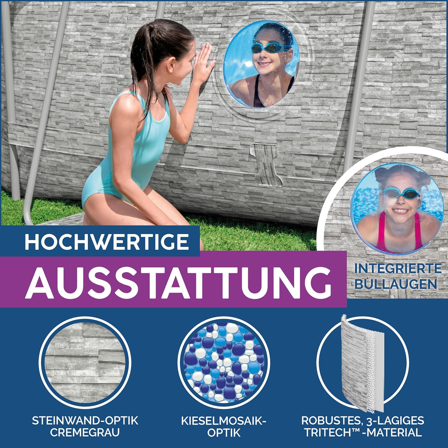 Bestway® Ersatzpool (ohne Zubehör) Power Steel Swim Vista Series Frame Pool/Aufstellbecken, 427 x 250 x 100 cm, oval, braune Rattan-Optik