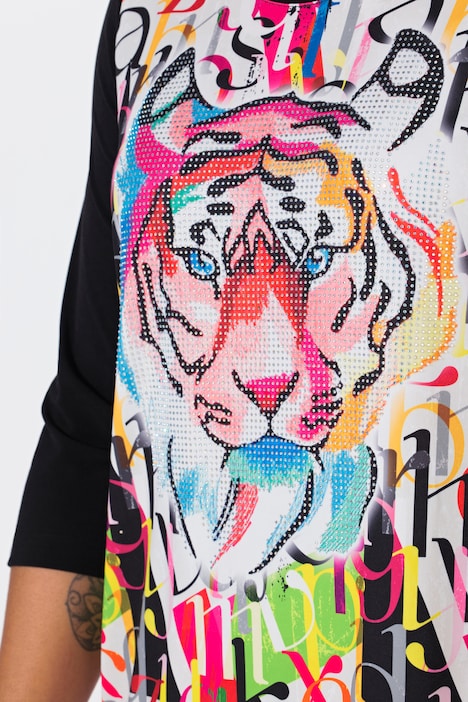 Langarmshirt, Tiger-Motiv, uni 3/4-Ärmel