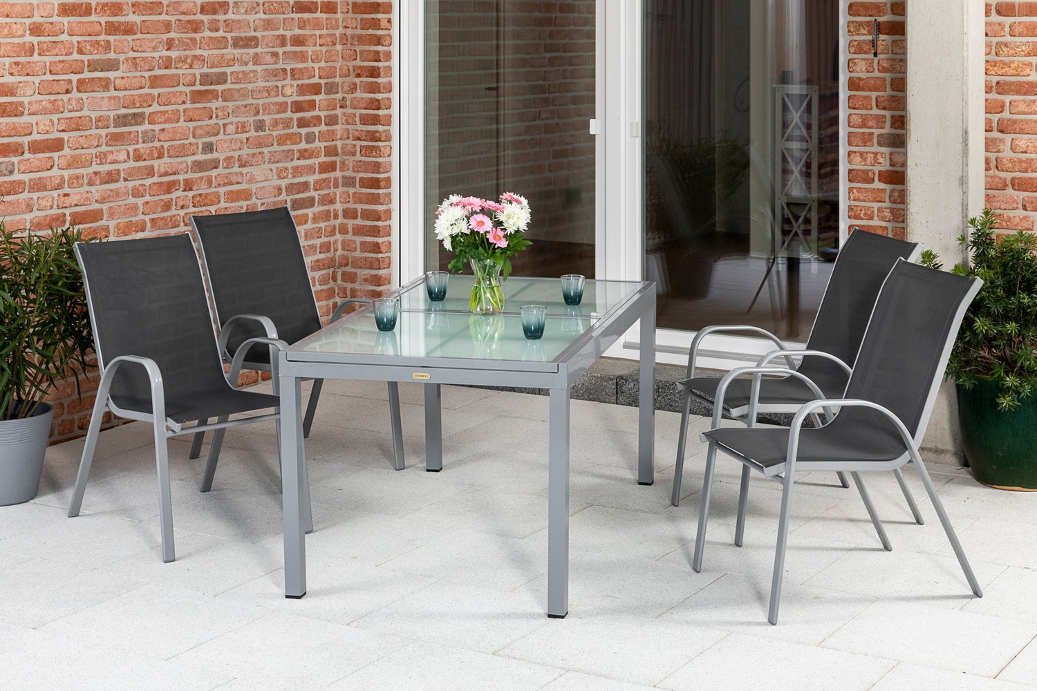 Sorrento 5-delige tuinmeubelset, stapelbare stoelen, uitschuifbare tafel 120 (180) x 90 cm, antraciet