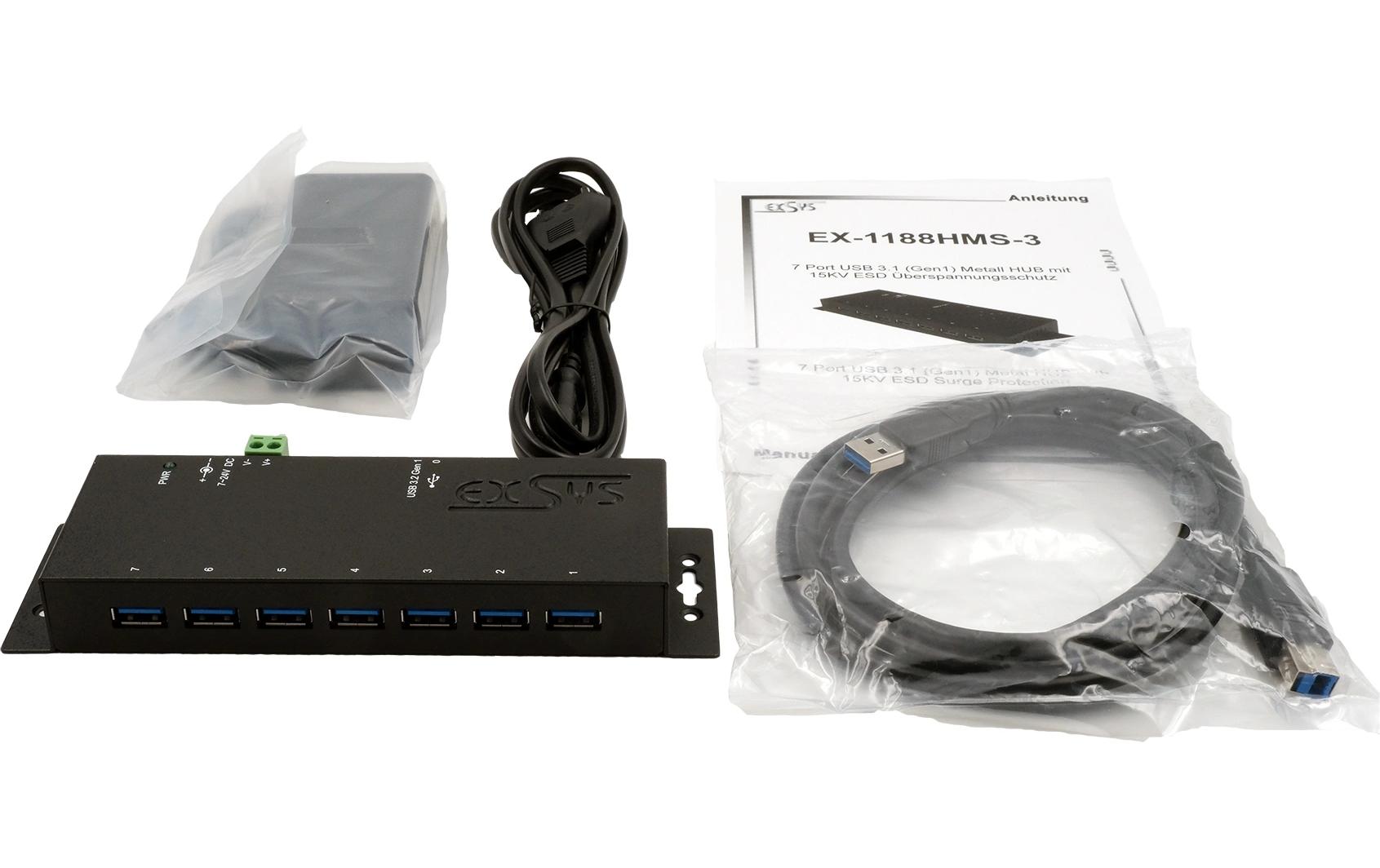 USB-Hub EX-1188HMS-3<br>7-Port USB 3.2 Gen 1 Metall HUB mit 15KV ESD Überspannungsschutz