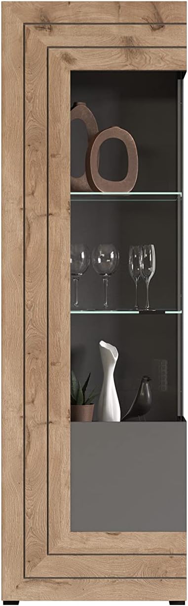 xonox.home Wohnzimmer Freno Vitrine Glas Vitrine Deko-Vitrine Stauraumvitrine in grau Nb.Absetzung Nox Oak Nb.ca.60x194x37 cm