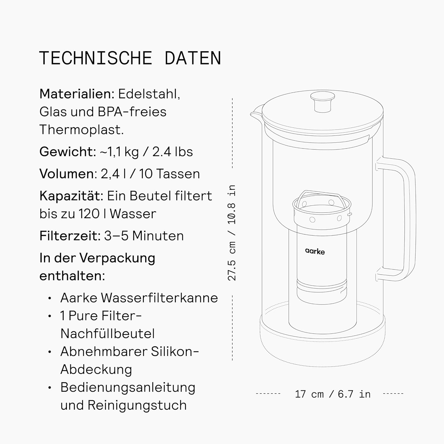 Aarke Purifier Wasserfilterkanne 1,2 L / 5 Tassen Glas & Edelstahl – inklusive Pure Filter-Nachfüllbeutel
