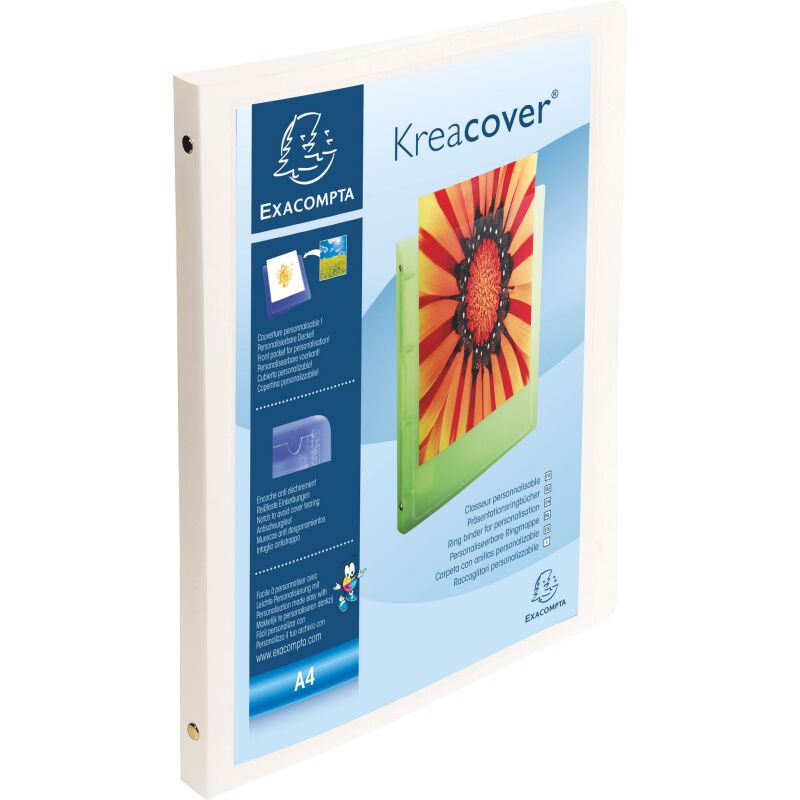 Classeur 4 anneaux plastifié Exacompta Kreacover® personnalisable A4 - Dos 2 cm blanc