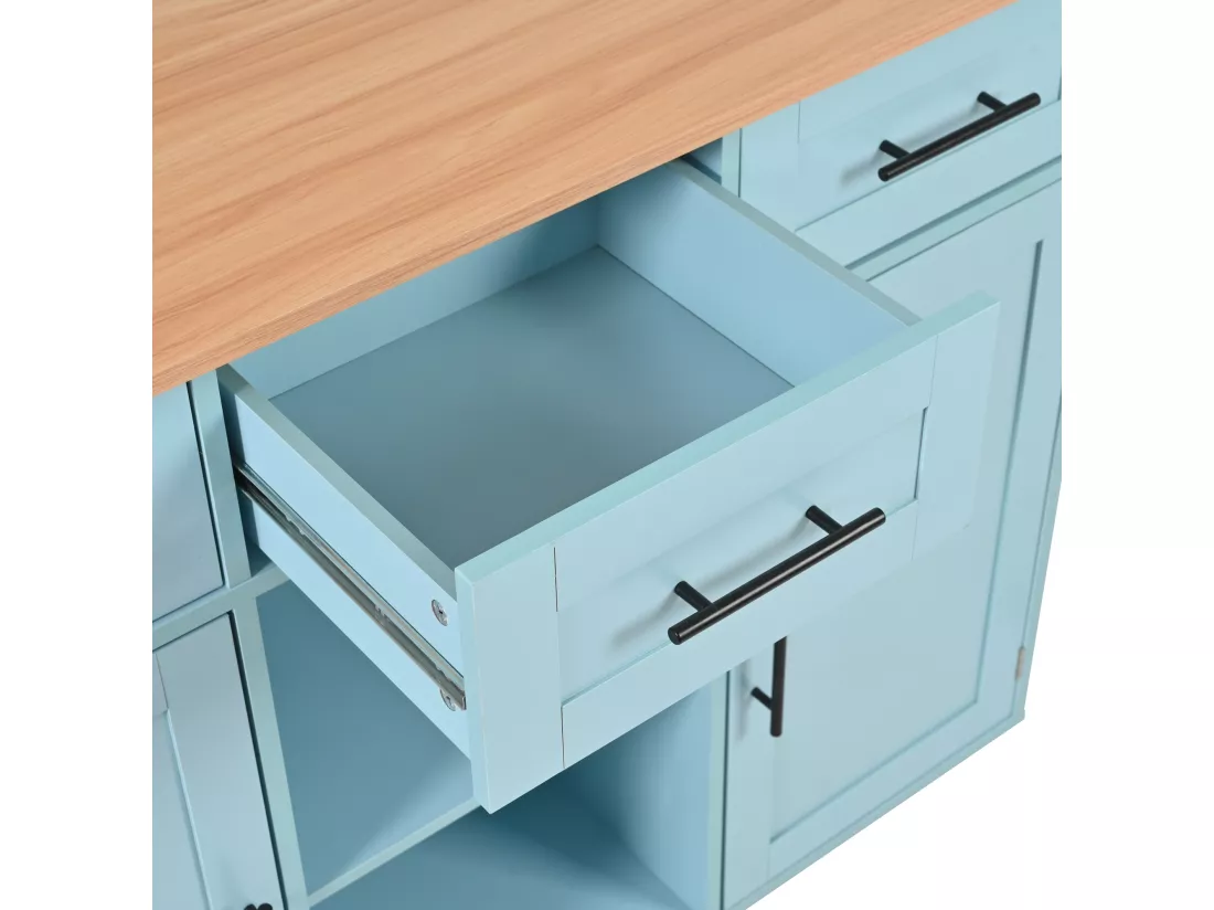 Ilot central de cuisine avec 3 tiroirs et portes de rangement - Plateau extensible - pieds en roulettes ou en bois - Bleu