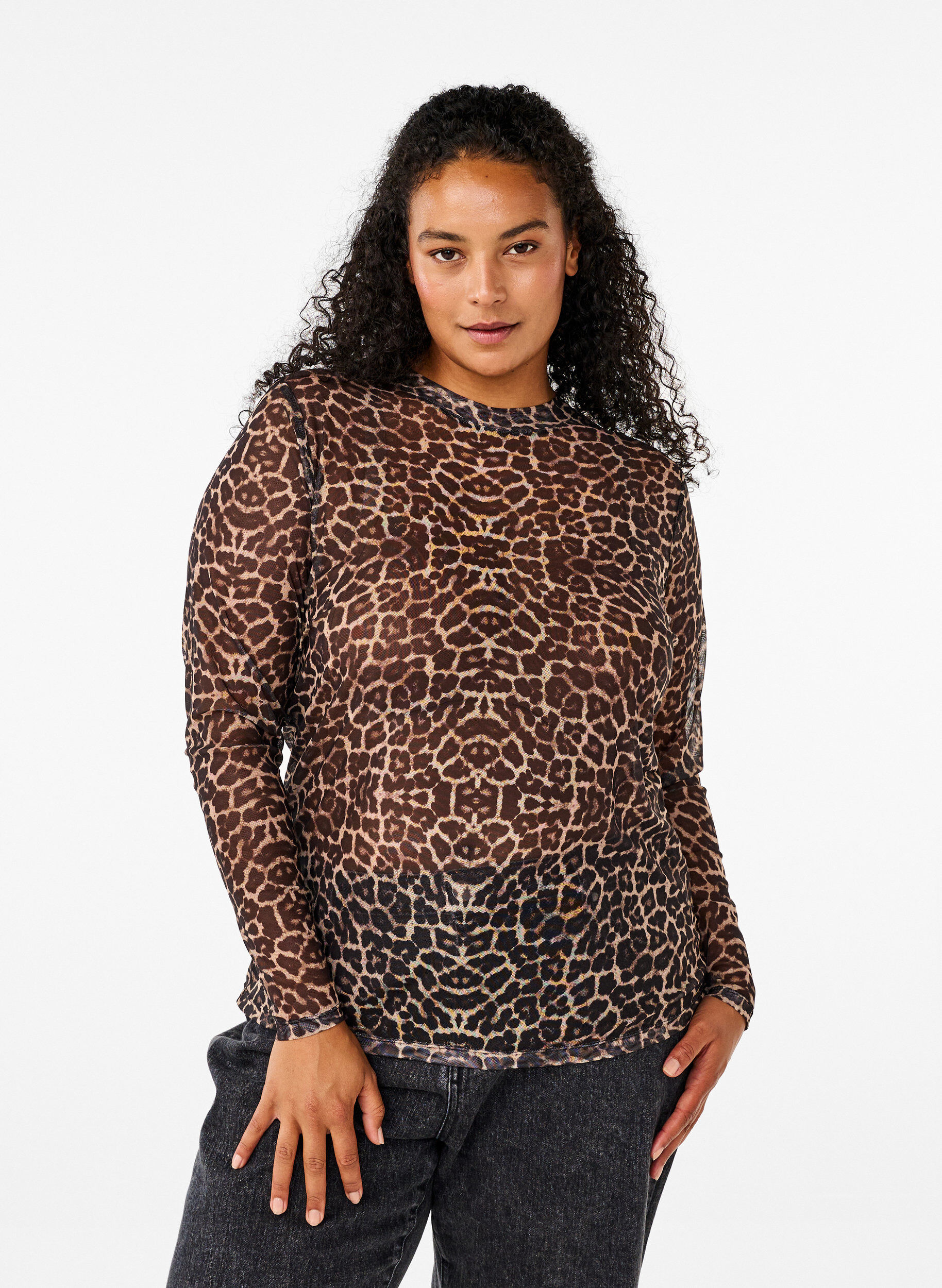 Mesh bluse med leopard mønster