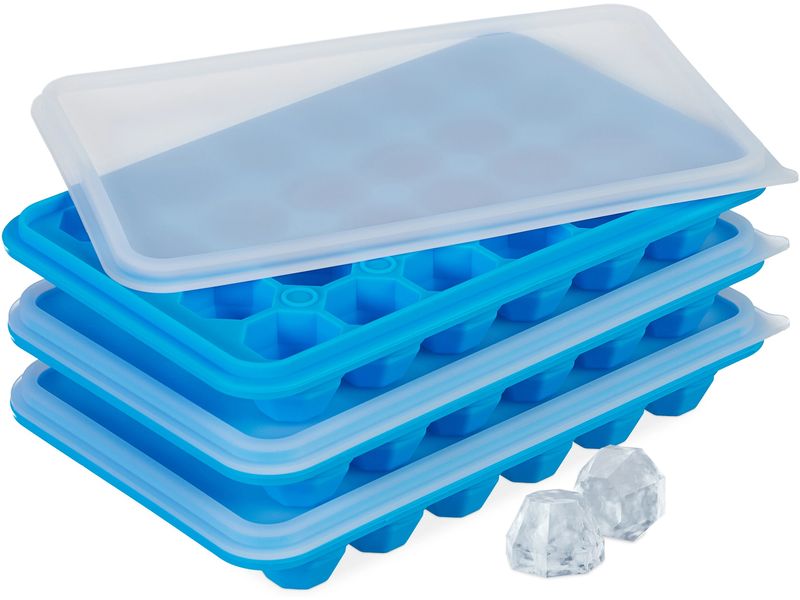 relaxdays Eiswürfelform Diamant 3 Stück, Blau/Transparent Eiswürfelschalen mit Deckel